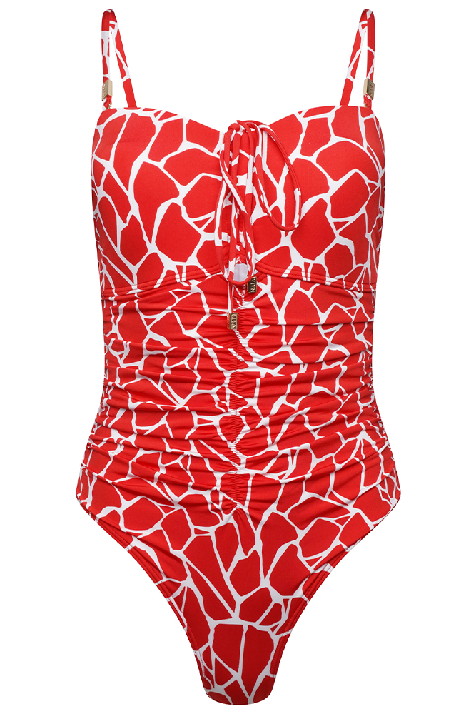 Cannes Bandeau Multi-Way Swimsuit in Moroccan Red Giraffe Print
