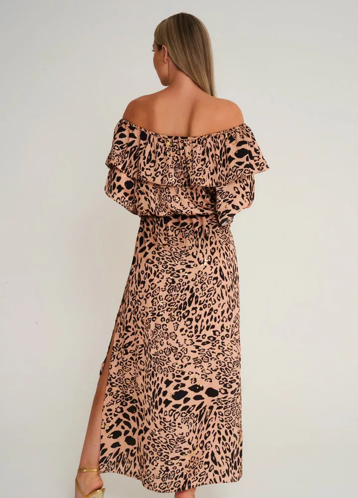 Halle Bardot Frill Maxi Dress Golden Leopard