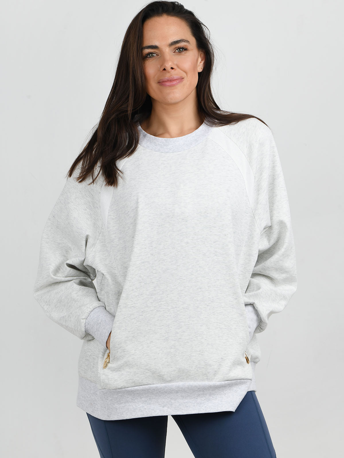 Jess Crew Neck Sweater Grey and simone blue legging from the NAIA Active active wear collection