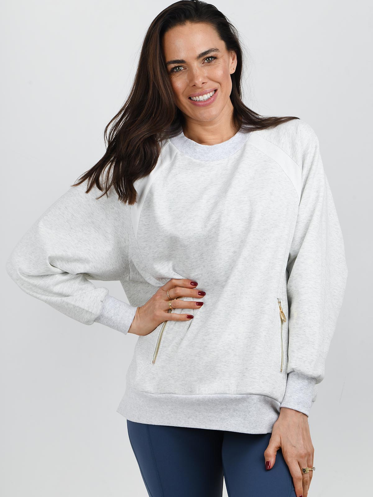 Jess Crew Neck Sweater Grey and simone blue legging from the NAIA Active active wear collection