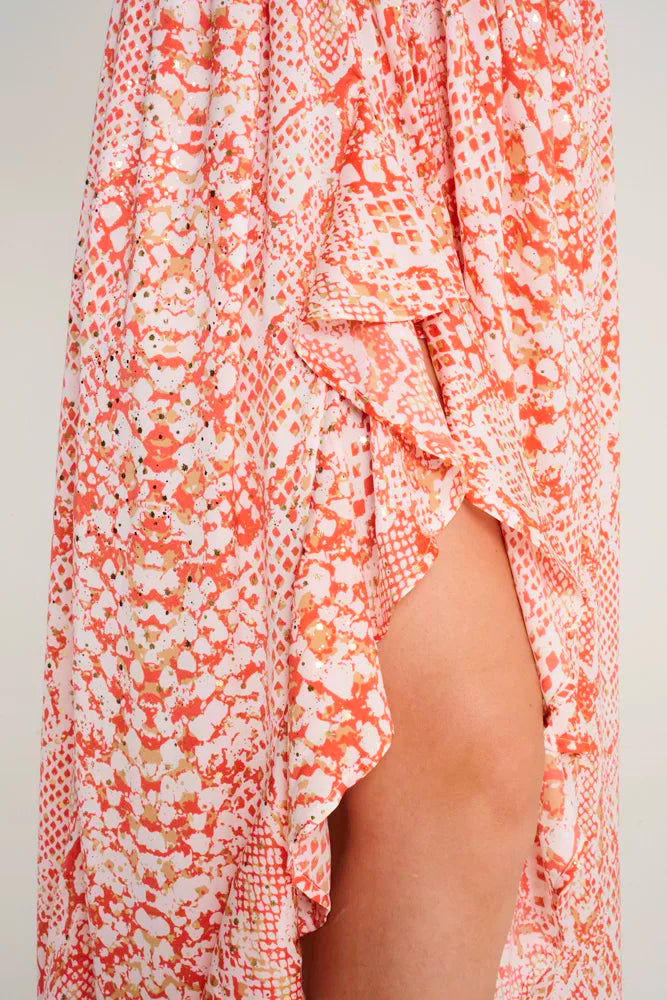 Kate Front Split Maxi Skirt Coral and Gold