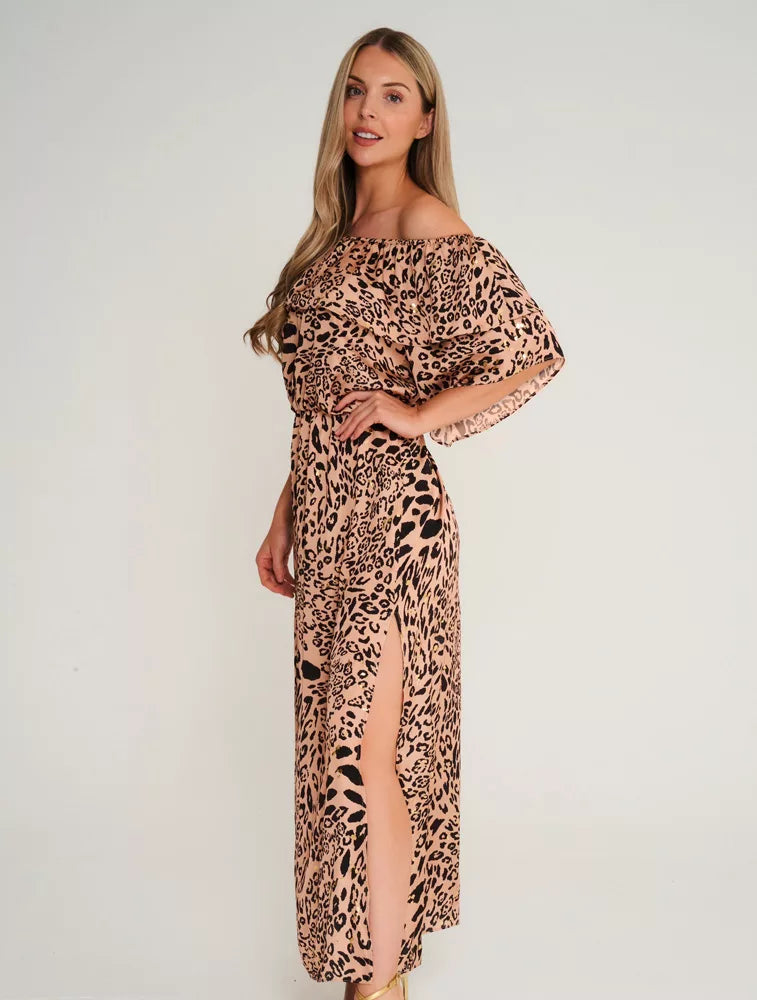 Halle Bardot Frill Maxi Dress Golden Leopard