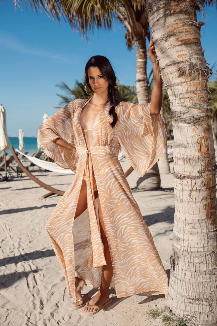 Freya Open Front Maxi Kaftan in Navy Zebra print