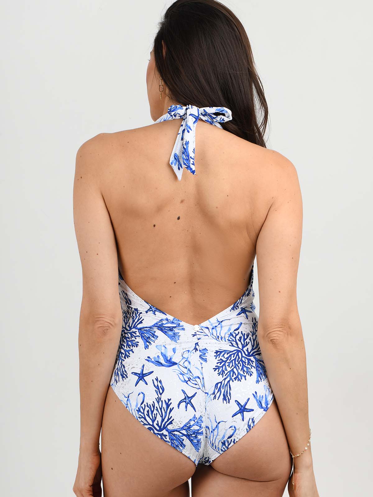 Model wearing the letitita swimsuit in La Mer print by NAIA Beach