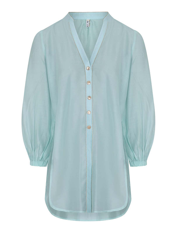 Martinique shirt in aqua by NAIA Beach  Luxury Swimwear and resort wear SS26 The Golden Hour collection 