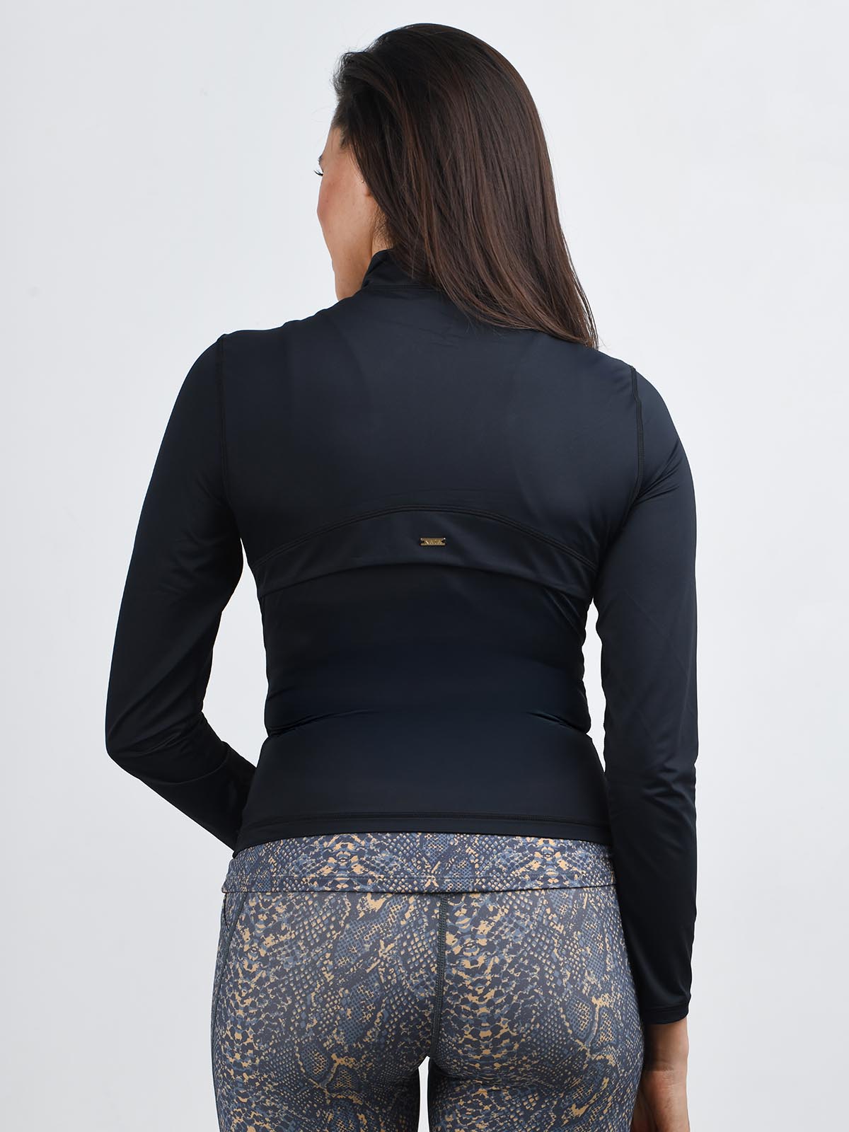 Serena Long Sleeve Training Top in black worn with the Kat snake print legging from NAIA active active wear and layering collection 